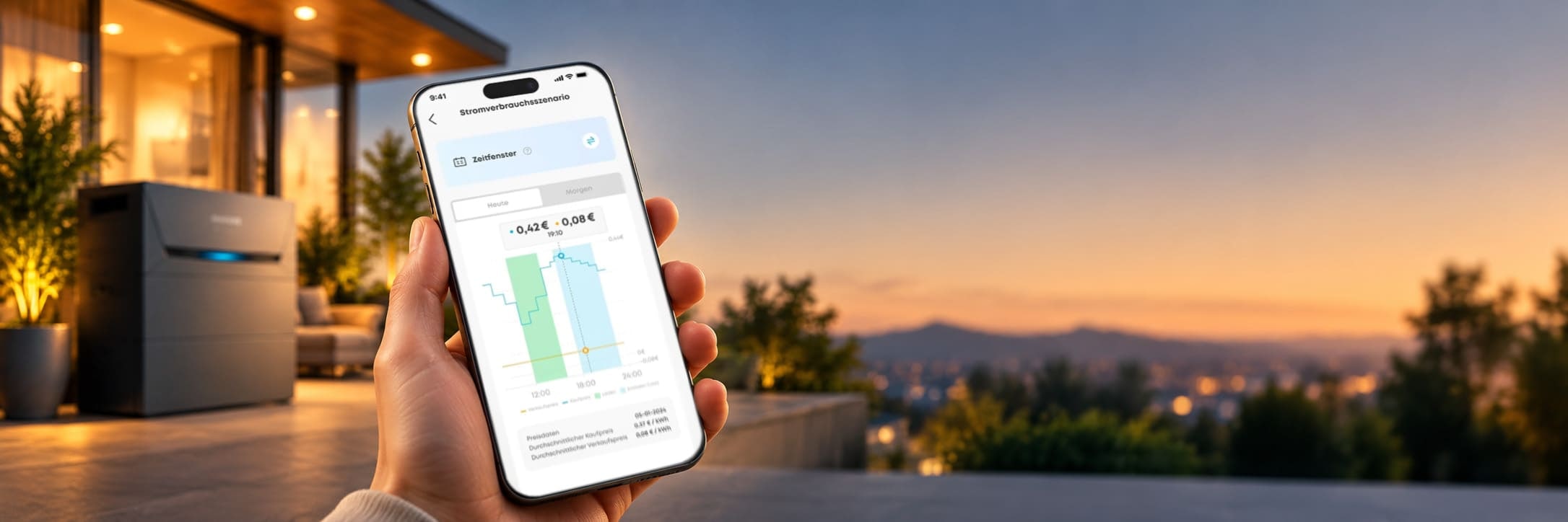 Smartphone mit Energieverbrauchsanzeige vor moderner Terrasse mit Anker SOLIX Solarbank 3 im Hintergrund