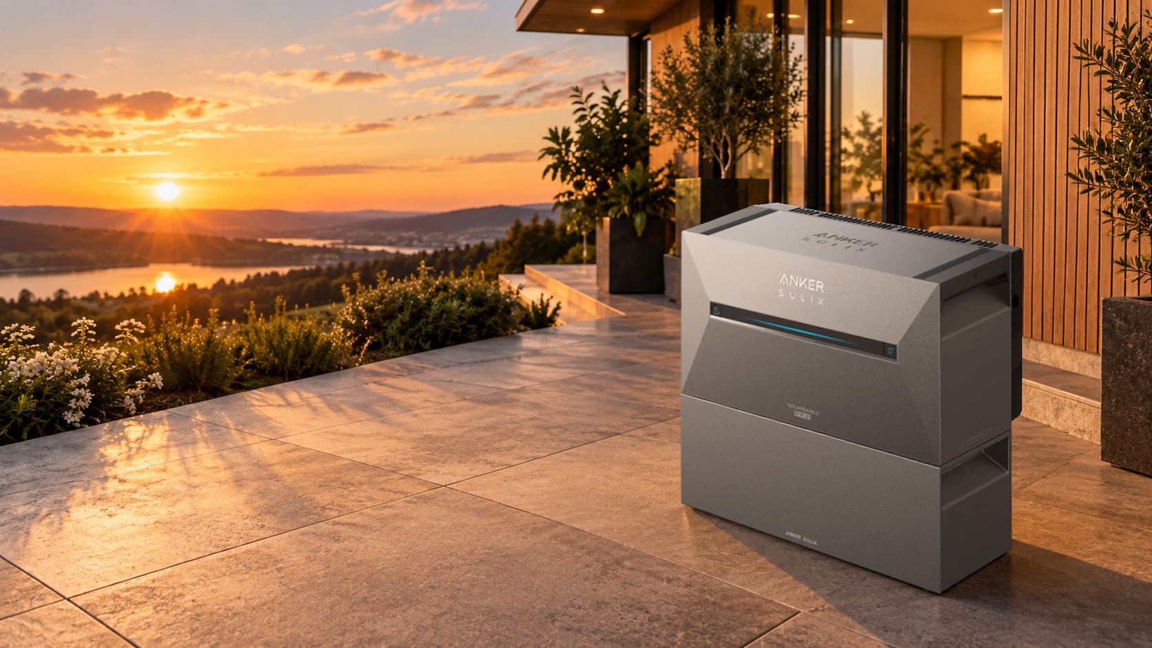 Anker SOLIX Solarbank 3 E2700 Pro mit Erweiterungsakku auf moderner Terrasse bei Sonnenuntergang