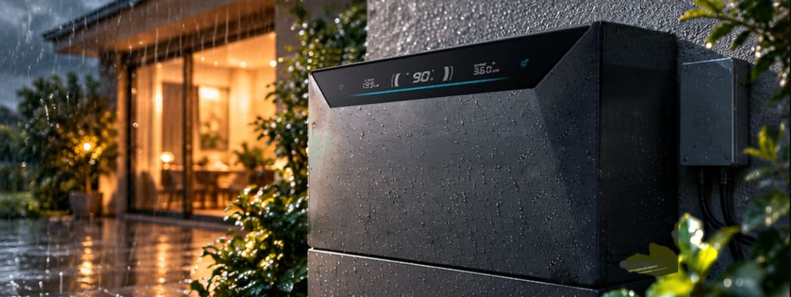 Anker SOLIX Solarbank 4 mit Wassertropfen auf dem Gehäuse im Außenbereich