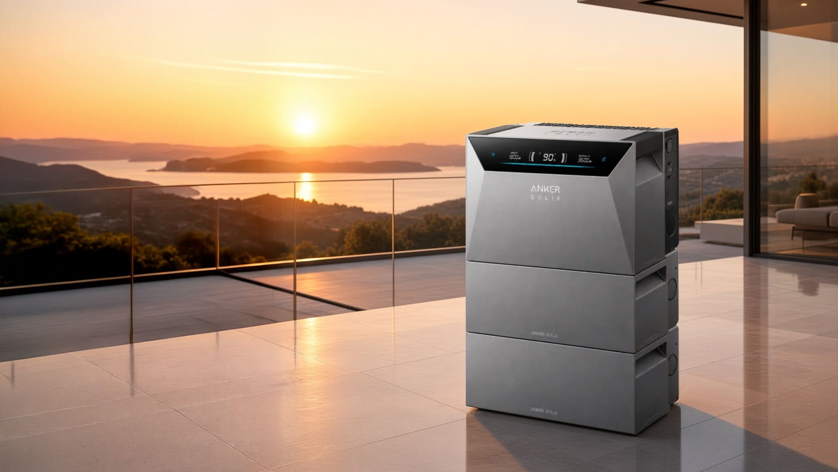 Anker SOLIX Solarbank 4 mit Speichermodulen auf einer Terrasse bei Sonnenuntergang
