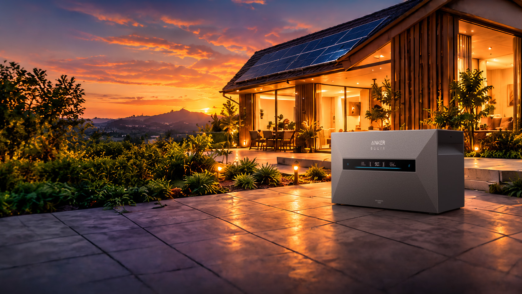 Illustration: Solarbank Max AC auf einer Terrasse bei Sonnenuntergang