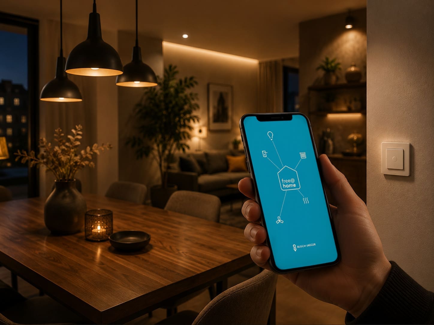 Smartphone mit Busch-free@home Next App zur Bluetooth-Steuerung von Wireless-Aktoren