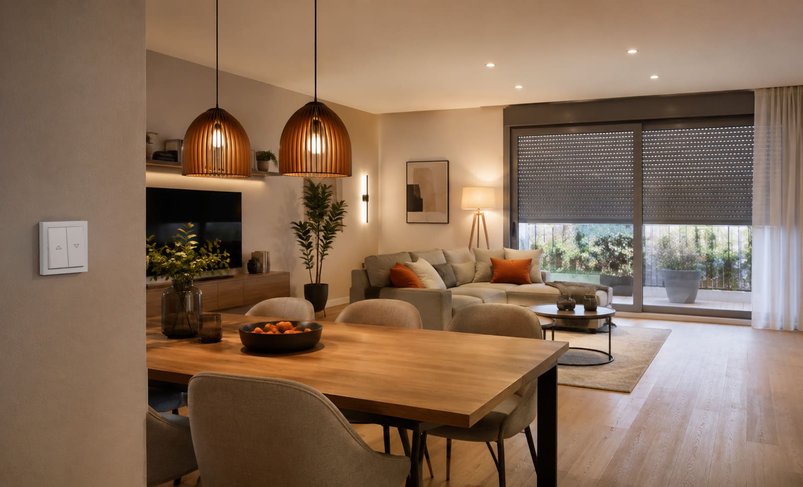 Wohn- und Essbereich mit Beleuchtung und elektrischen Rollläden als Anwendungen für Busch-free@home