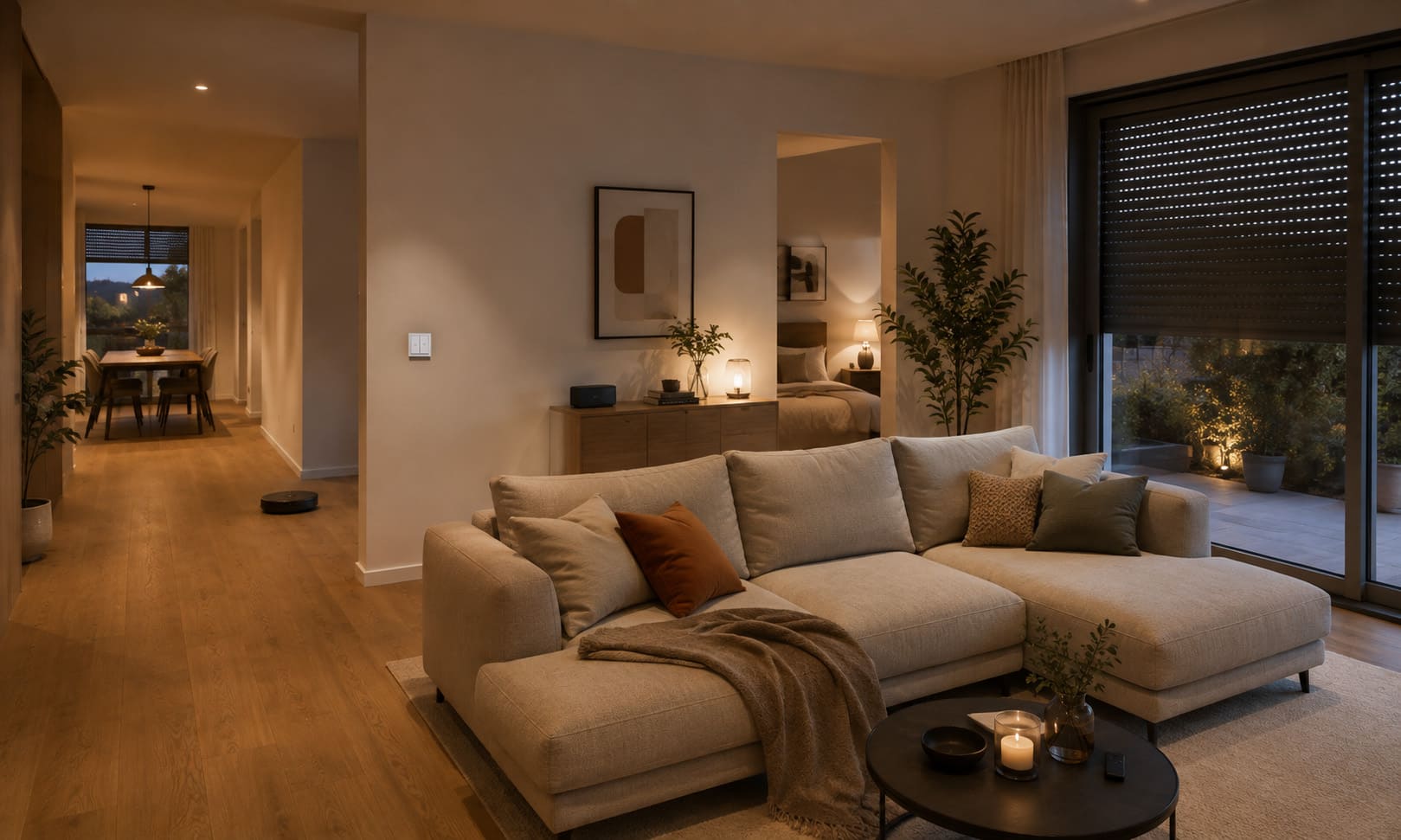 Vernetzter Wohnbereich mit Beleuchtung und elektrischer Beschattung für eine zentrale Busch-free@home Haussteuerung