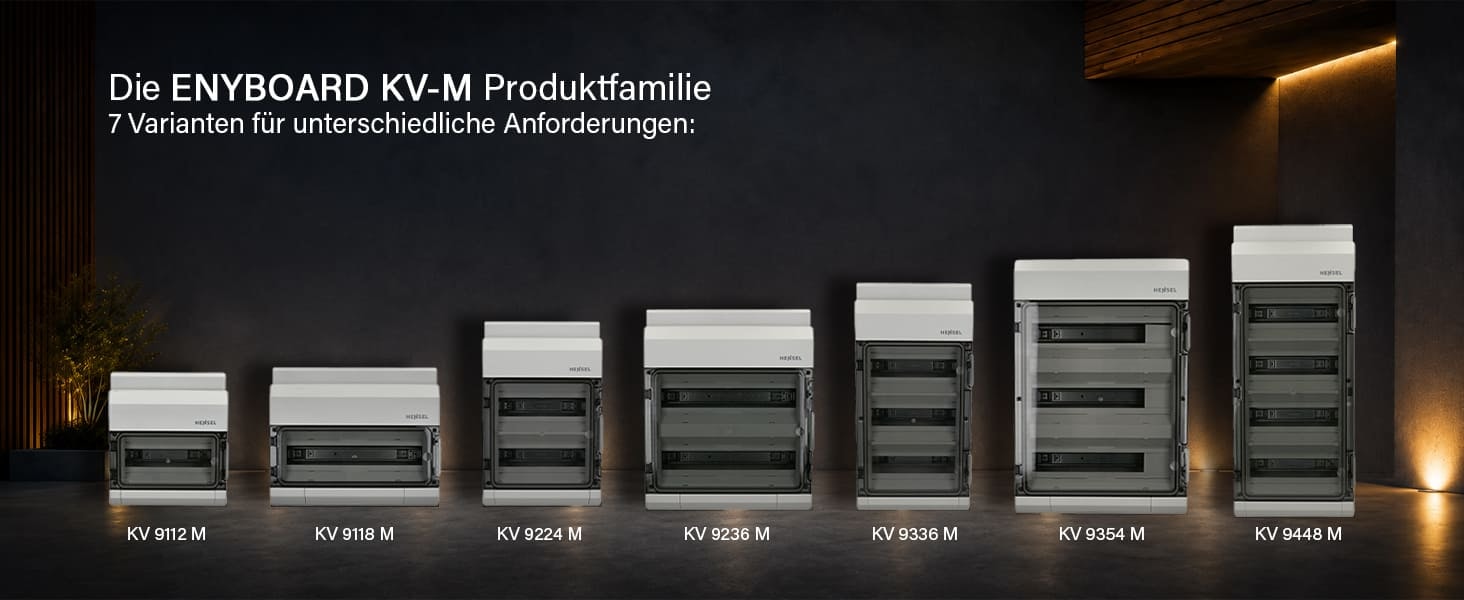 Hensel ENYBOARD KV-M Kleinverteiler Größenvergleich mit KV 9112 M, KV 9118 M, KV 9224 M, KV 9236 M, KV 9336 M, KV 9354 M und KV 9448 M