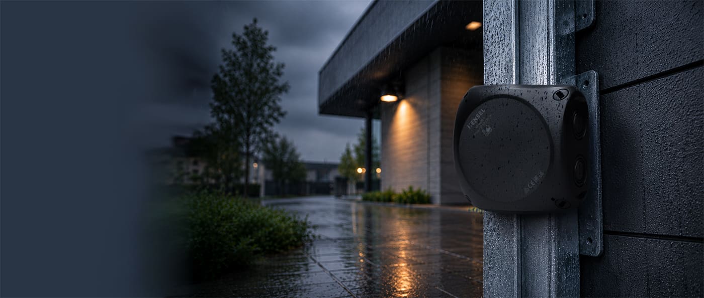 Schwarzer Hensel ENYCASE KF Kabelabzweigkasten an einer regennassen Außeninstallation