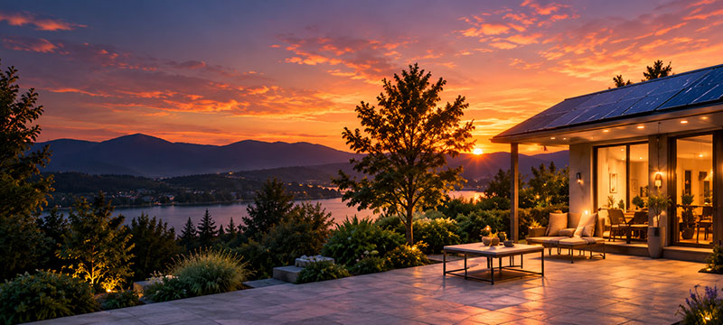 Illustration einer Terrasse mit Solaranlage im Abendlicht