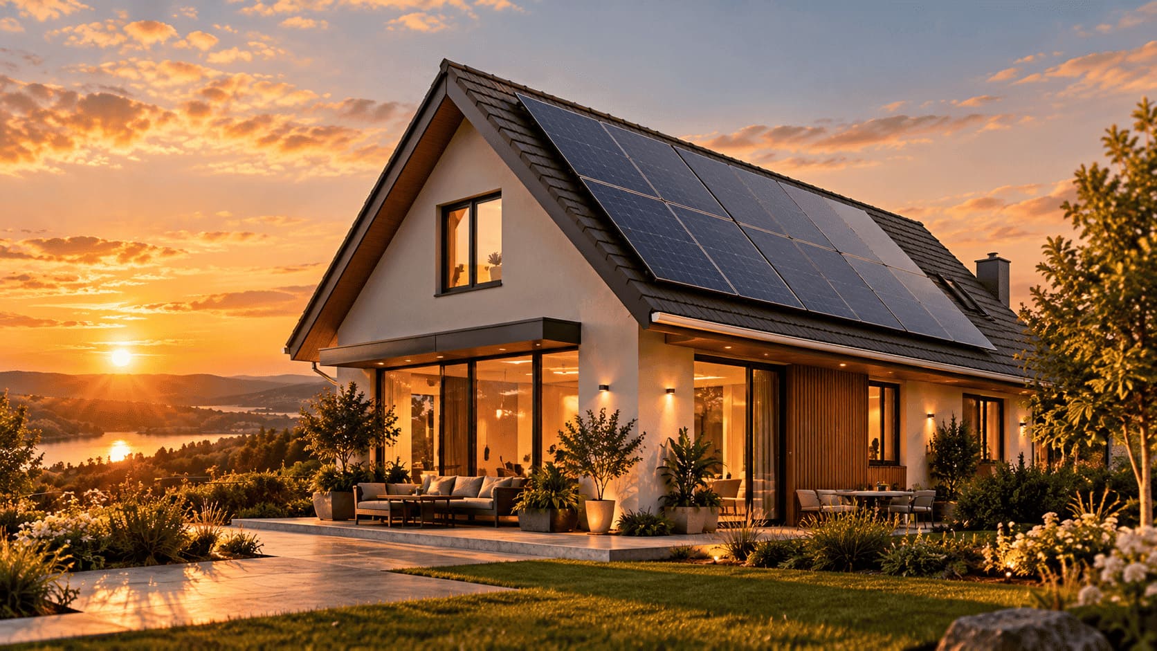 Modernes Einfamilienhaus mit großflächiger Photovoltaikanlage und beleuchteter Terrasse bei Sonnenuntergang