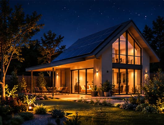 Beleuchtetes Haus mit Photovoltaikanlage bei Nacht