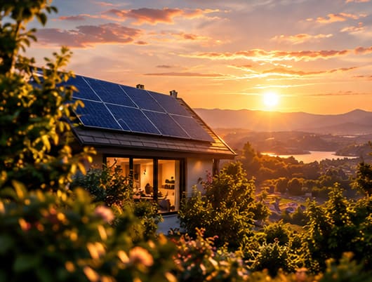 Haus mit Photovoltaikanlage im Licht der aufgehenden Sonne