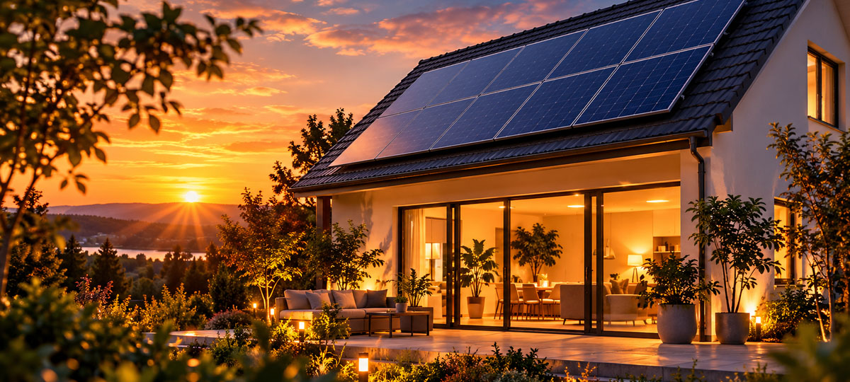 Haus mit Photovoltaik im Abendlicht