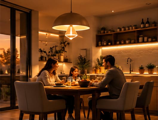 Gemeinsames Abendessen in einem warm beleuchteten Wohnhaus
