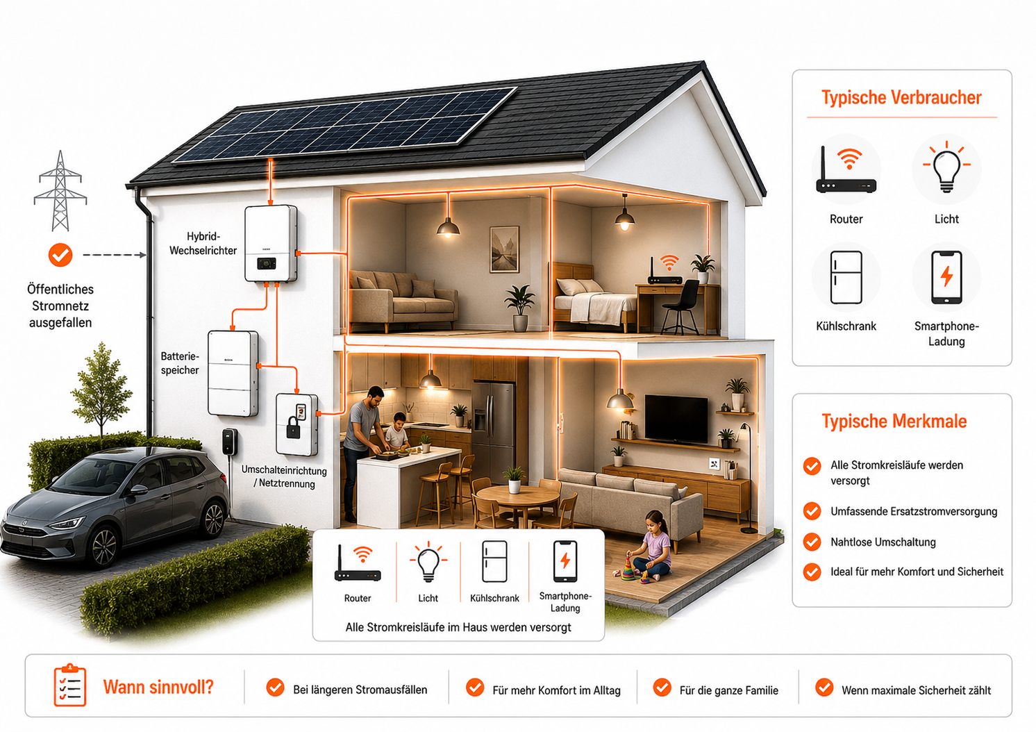 Szenario Ersatzstrom mit PV-Anlage, Hybrid-Wechselrichter, Batteriespeicher und Hausversorgung