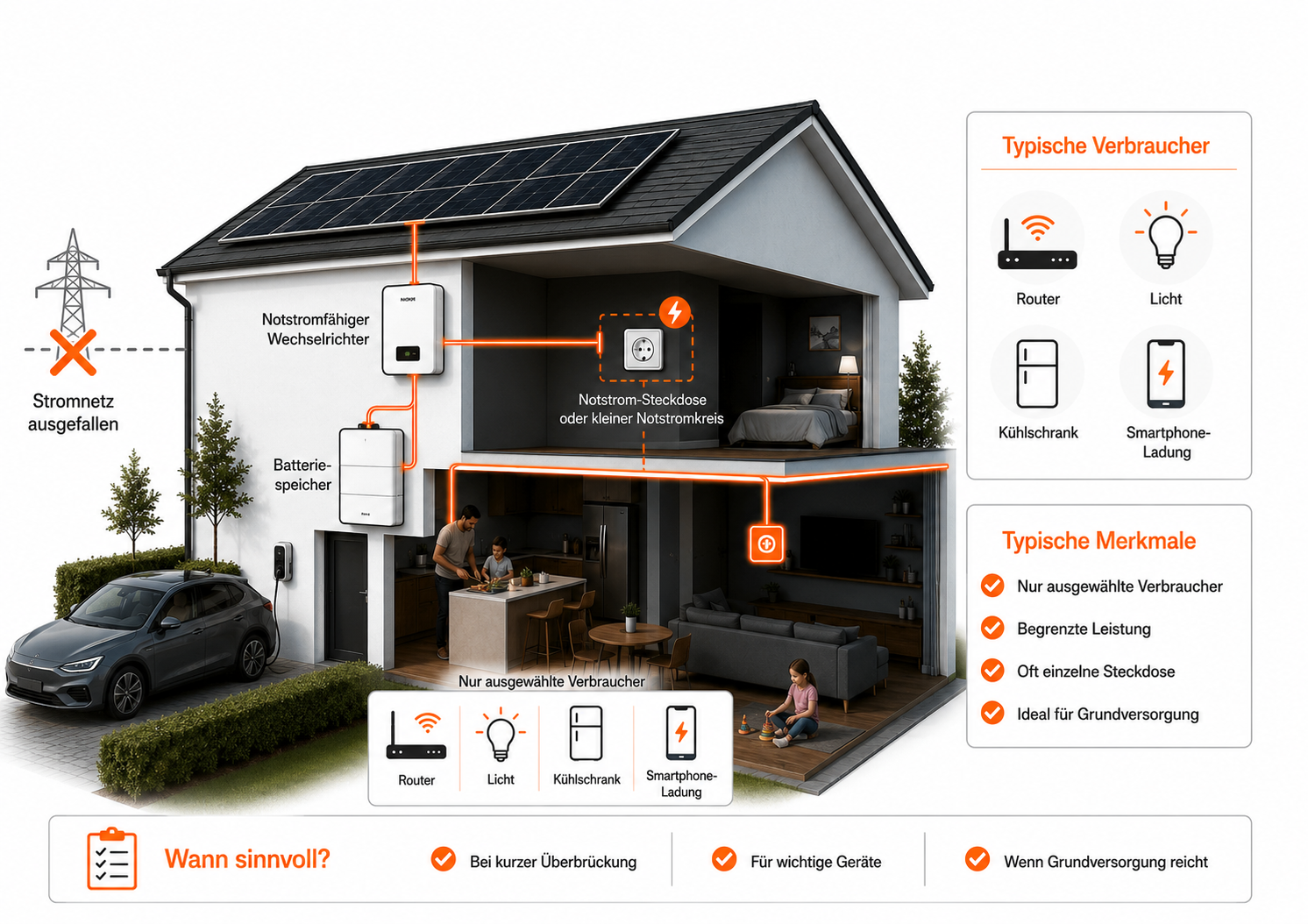 Szenario Notstrom mit PV-Anlage, Batteriespeicher, Hybrid-Wechselrichter und Notstrom-Steckdose