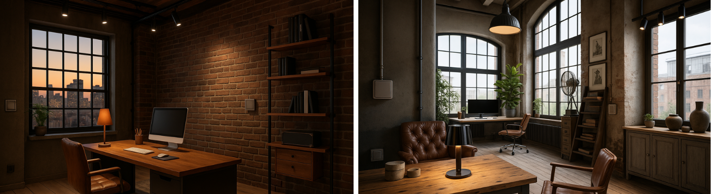Industrial Arbeitszimmer mit Holz, Metall und sichtbarer Beleuchtung