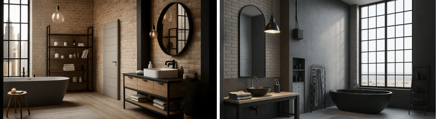 Industrial Style Bad mit Betonoptik, Glas und schwarzer Technik