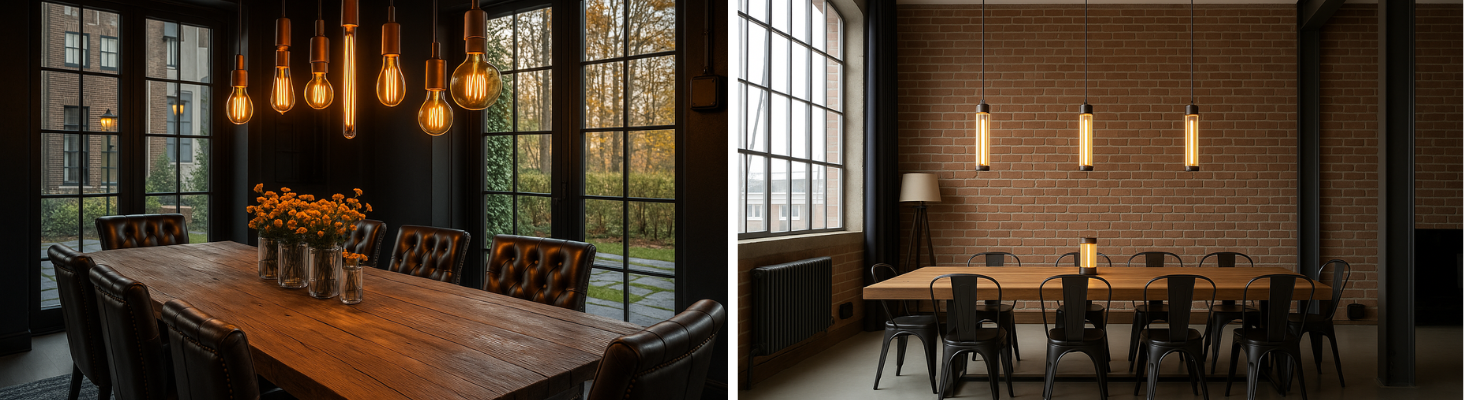 Industrial Esszimmer mit Holztisch, Metallleuchten und sichtbarer Technik