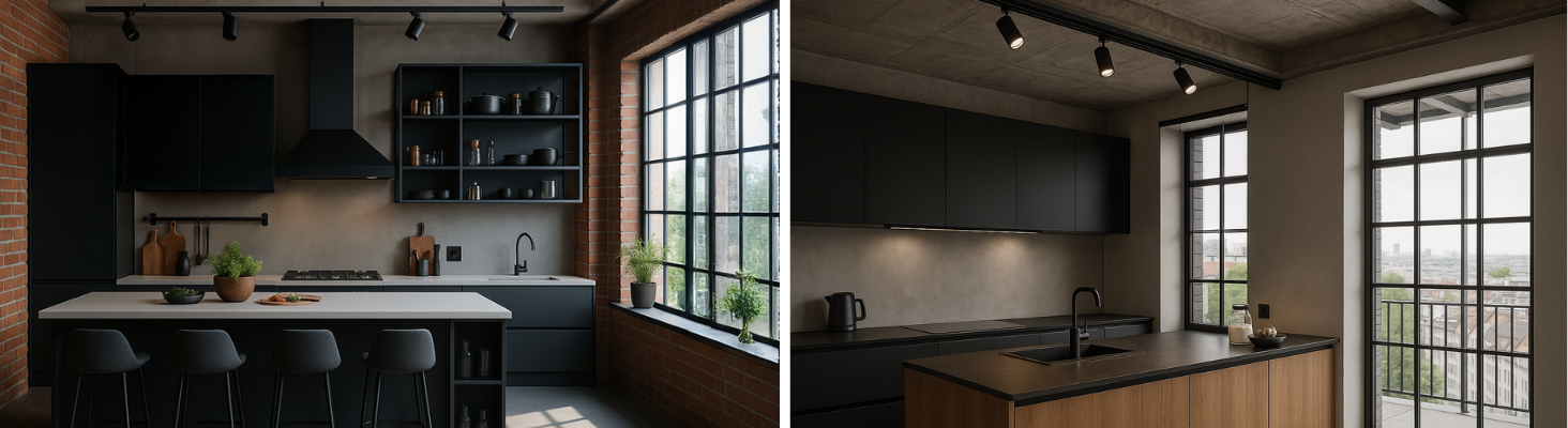 Industrial Design Küche mit Metall, Betonoptik und sichtbarer Technik