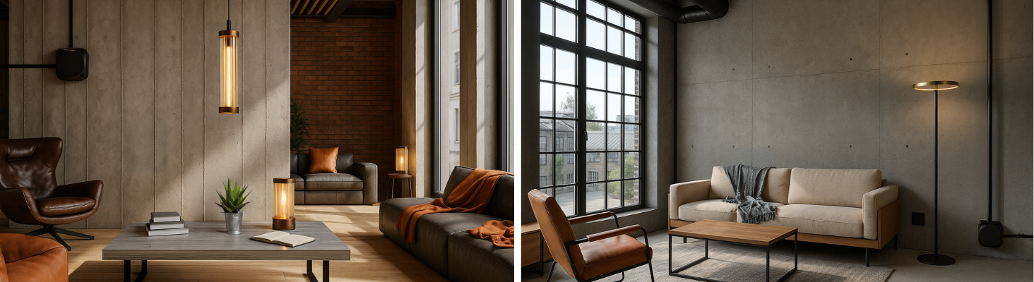 Industrial Style Wohnzimmer mit Backstein, Metall und sichtbarer Technik