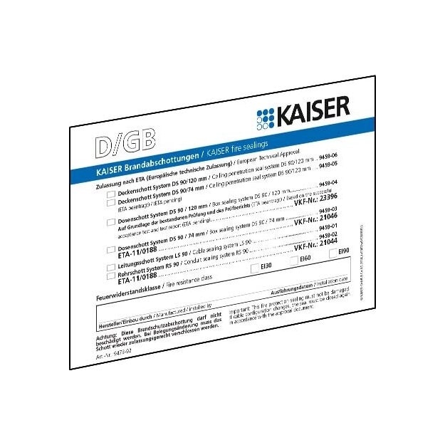 Kaiser 9473-92 Brandschutz Schott-Kennzeichnungsschild Sprachen D/GB/FR/NL für alle KAISER-Schottungen