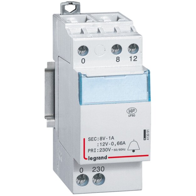 Legrand 413091 Klingeltransformator Prim.230V AC Sek.12/8V AC Strom 0 66/1A 8VA 2TE