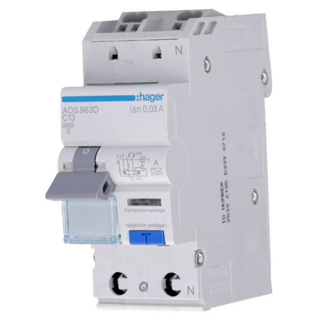 Hager ADS963D FI-LS 1-polig +N 6kA C-13A 30mA Typ A QC