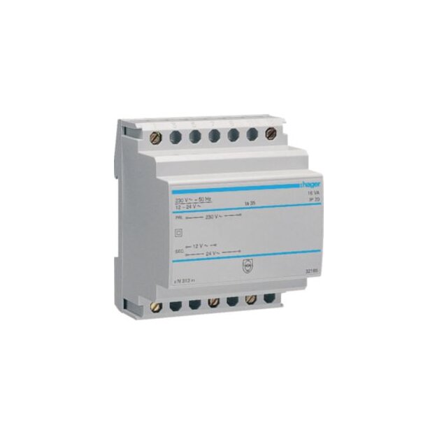 Hager ST313 Sicherheitstrafo 230V/12+24V 16VA 4-polig LE