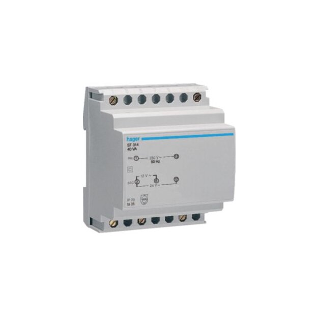 Hager ST314 Sicherheitstrafo 230V/12+24V 40VA 4-polig LE