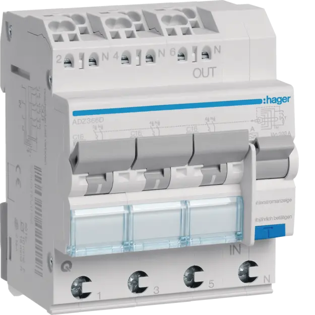 Hager ADZ366D FI-LS 3X 1-polig +N 6kA C-16A 30mA Typ A QC