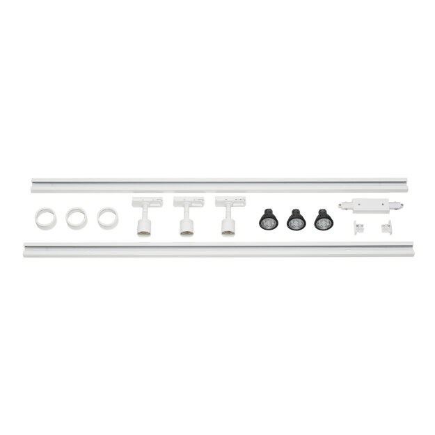 1-Phasen Stromschienen-Set Schwarz mit 3 PURI LED-Spots, 2x1m Schiene, Leuchtmittel und Zubehör