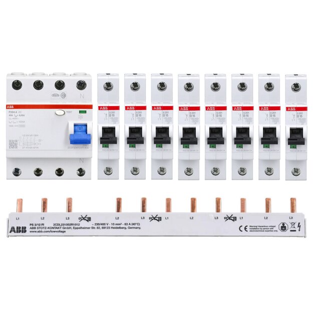 ABB 1x FI F204A-40/0,03 + 8x ABB LS-Schalter S201-B16 + 1x PS3/12+FI Fix Phasenschiene