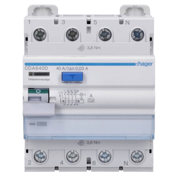Hager CDA640D Fehlerstromschutzschalter FI 4-polig 10kA 40A 30mA Typ A