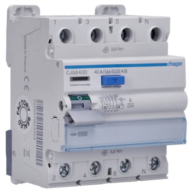 Hager CJG640D Fehlerstromschutzschalter FI 4-polig 10kA 40A 30mA Typ A G