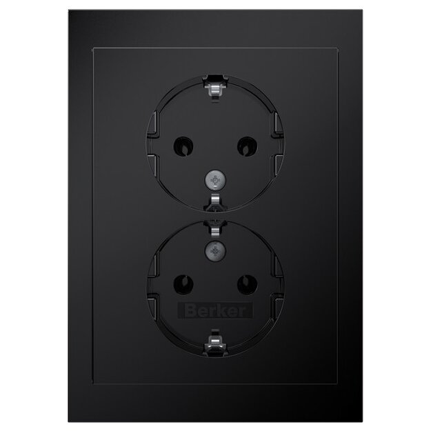 Berker 47742245 Doppelsteckdose Schuko mit Abdeckplatte, Berker R.3, Schwarz Glänzend