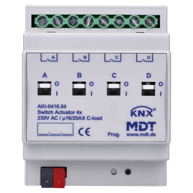 MDT AKI-0416.04 Schaltaktor 4-fach 4TE REG 16/20A 230VAC C-Last Industrie 200µF
