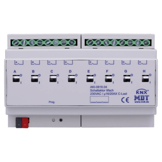 MDT AKI-0816.04 Schaltaktor 8-fach 8TE REG 16/20A 230VAC C-Last Industrie 200µF