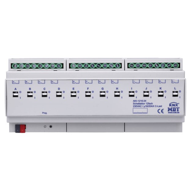 MDT AKI-1216.04 Schaltaktor 12-fach 12TE REG 16/20A 230VAC C-Last Industrie 200µF
