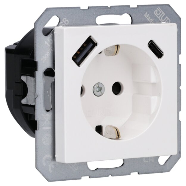 Jung A1520-15CAWW SCHUKO-Steckdose mit USB Typ AC (max. 3A) mit erhöhtem Berührungsschutz (Thermoplast bruchsicher) Alpinweiß Serie A