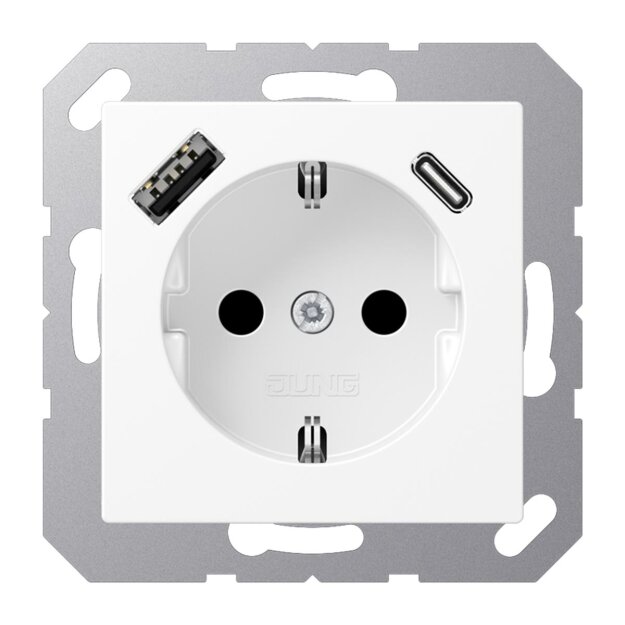 Jung A1520-15CAWWM SCHUKO-Steckdose mit USB Typ AC (max. 3A) mit erhöhtem Berührungsschutz (Thermoplast bruchsicher) Schneeweiß Matt Serie A