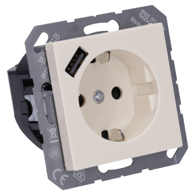 Jung A1520-18A SCHUKO-Steckdose mit USB Typ A (max. 3A) Quick Charge mit erhöhtem Berührungsschutz (Thermoplast bruchsicher) Weiß Serie A