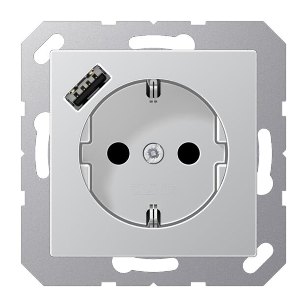 Jung A1520-18AAL SCHUKO-Steckdose mit USB Typ A (max. 3A) Quick Charge mit erhöhtem Berührungsschutz (Thermoplast bruchsicher) Aluminium Serie A