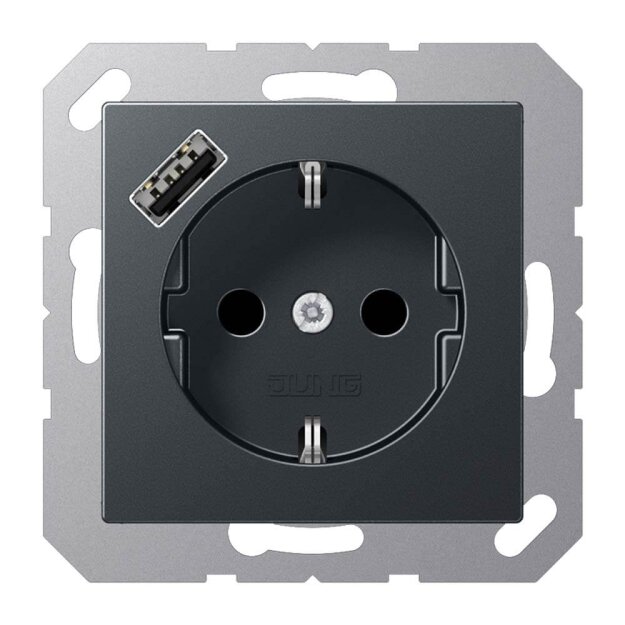 Jung A1520-18AANM SCHUKO-Steckdose mit USB Typ A (max. 3A) Quick Charge mit erhöhtem Berührungsschutz (Thermoplast bruchsicher) Anthrazit Matt Serie A