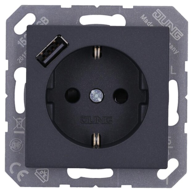 Jung A1520-18AANM SCHUKO-Steckdose mit USB Typ A (max. 3A) Quick Charge mit erhöhtem Berührungsschutz (Thermoplast bruchsicher) Anthrazit Matt Serie A
