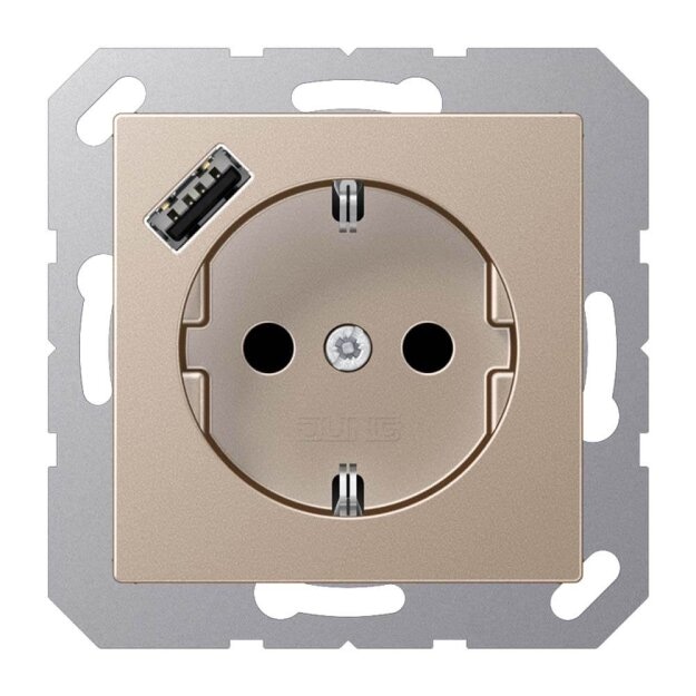 Jung A1520-18ACH SCHUKO-Steckdose mit USB Typ A (max. 3A) Quick Charge mit erhöhtem Berührungsschutz (Thermoplast bruchsicher) Champagner Serie A