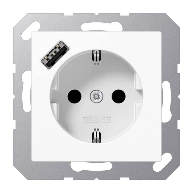 Jung A1520-18AWW SCHUKO-Steckdose mit USB Typ A (max. 3A) Quick Charge mit erhöhtem Berührungsschutz (Thermoplast bruchsicher) Alpinweiß Serie A