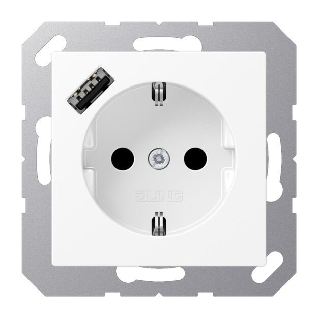 Jung A1520-18AWWM SCHUKO-Steckdose mit USB Typ A (max. 3A) Quick Charge mit erhöhtem Berührungsschutz (Thermoplast bruchsicher) Schneeweiß Matt Serie A