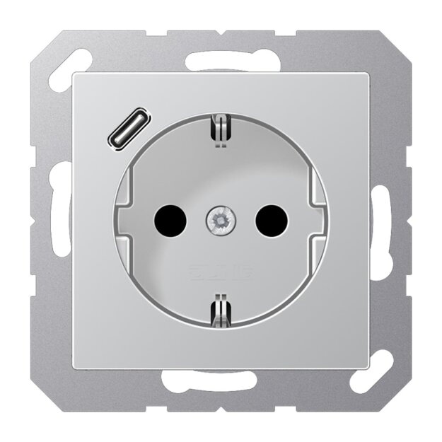 Jung A1520-18CAL SCHUKO-Steckdose mit USB Typ C (max. 3A) Quick Charge mit erhöhtem Berührungsschutz (Thermoplast bruchsicher) Aluminium Serie A
