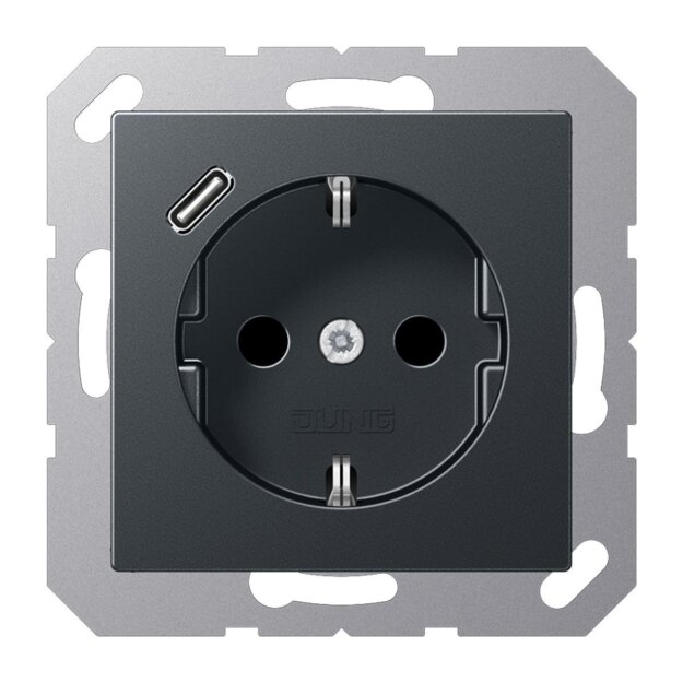 Jung A1520-18CANM SCHUKO-Steckdose mit USB Typ C (max. 3A) Quick Charge mit erhöhtem Berührungsschutz (Thermoplast bruchsicher) Anthrazit Matt Serie A