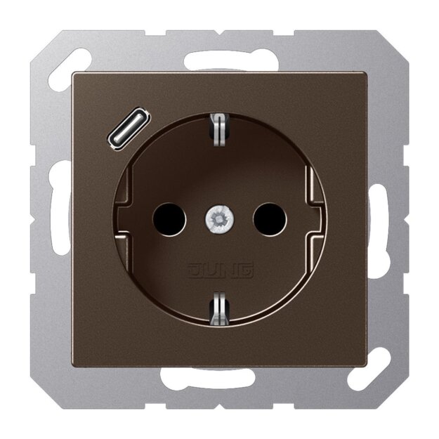 Jung A1520-18CMO SCHUKO-Steckdose mit USB Typ C (max. 3A) Quick Charge mit erhöhtem Berührungsschutz (Thermoplast bruchsicher) Mokka Serie A