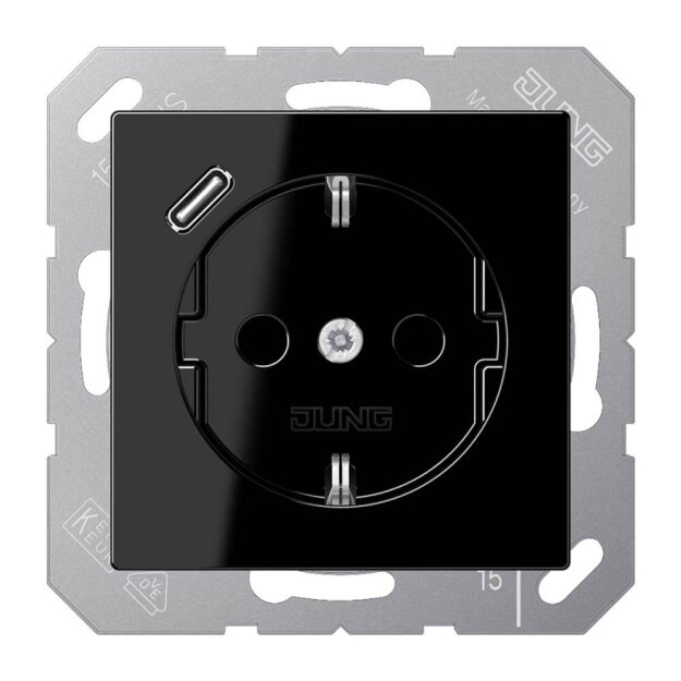 Jung A1520-18CSW SCHUKO-Steckdose mit USB Typ C (max. 3A) Quick Charge mit erhöhtem Berührungsschutz (Thermoplast bruchsicher) Schwarz Serie A
